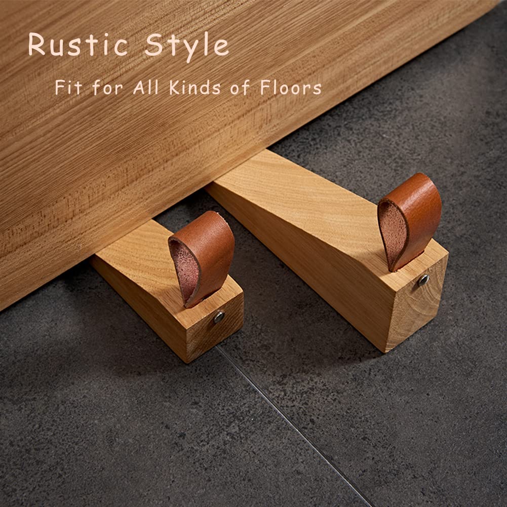 Wooden Door Stopper Non-Slip Security Wood Door Wedge with Leather Strap for Hanging Door Stopper 1Pack, in House Bedroom Office Living Room Hotel Cabin koofull