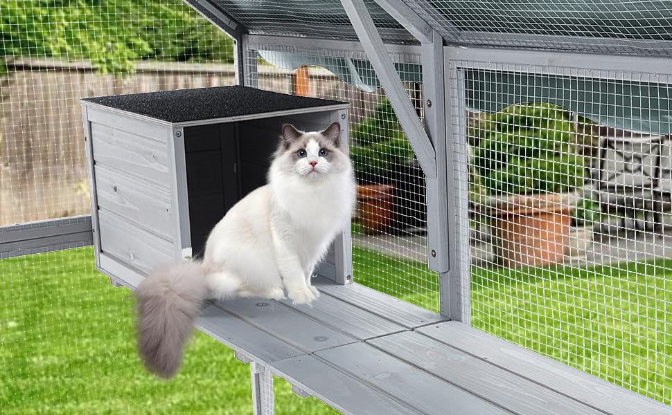 Grvee Cat Run Large Cat Enclosure Wooden Cat Catio Outdoor Kitty House with Bridges, Walks, Small Houses, Roof Cover 110 Inch Garvee