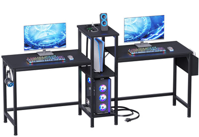 Furologee Double Desk with Power Outlets, 71 Inch Computer Desk with Storage Bag and Headphone Hooks, Gaming Desk Study Writing Table for Home Office, Black