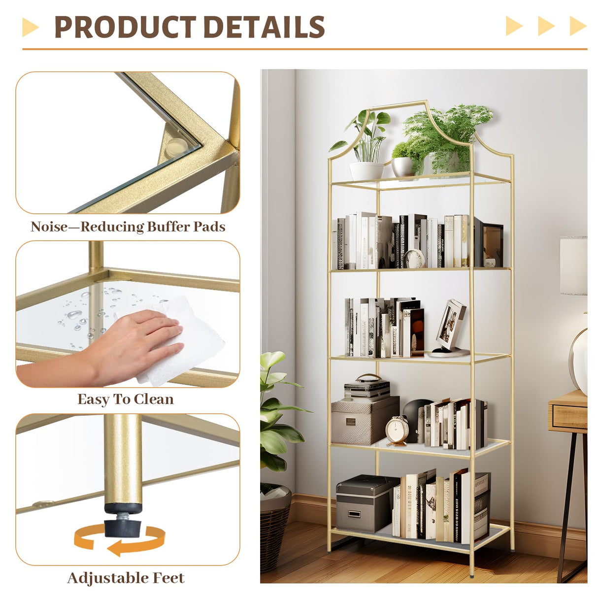 GIFTTROVE 5 Tier Bookshelf, Metal Book Shelf for Storage, Tall Storage Display Bookcase, Modern Open Book Case for Bedroom, Living Room, Glass Office Organization Shelf, 66.3" X 26" X 13" GIFTTROVE