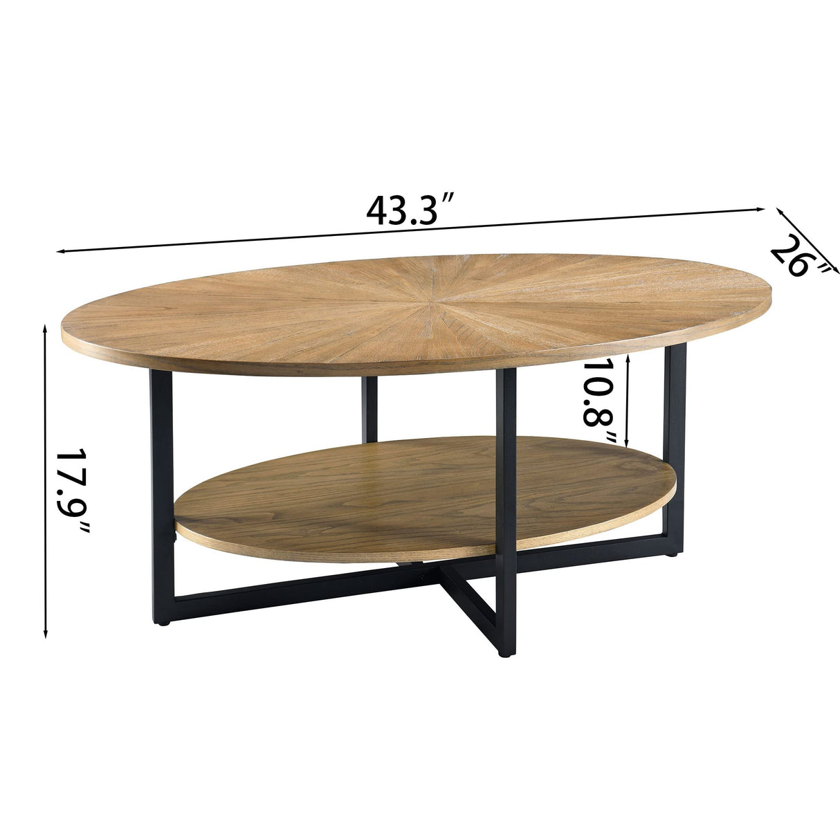 JESONVID Solid Wood Oval Coffee Table with Cross Metal Legs, 43.3in Modern Industrail Center Table with Open Shelf Cocktail Tea Table for Living Room Bedroom, Rustic Nature 1811 JESONVID