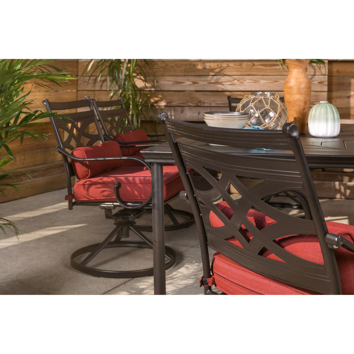 Hanover Montclair 7-Piece Outdoor Dining Set with 6 Swivel Rockers, Chili Red Cushions and Stamped Steel Rectangular Dining Table, Patio Dining Set for 6, Premium All-Weather Patio Furniture for Deck Hanover