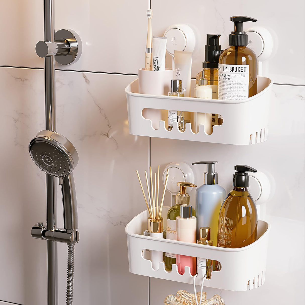 TAILI Shower Caddy Suction Cup 2 Pack, Heavy Duty Bathroom Organizer, Removable Shelves for Inside Shower, Shampoo, Waterproof Suction Plastic Storage for Bathroom Accessories Holder, White TAILI