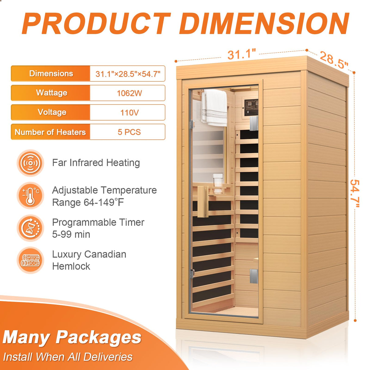 Far Infrared Sauna, Canadian Hemlock Wood Sauna Spa Room for Indoor,1062W 110V Low EMF Saunas with Control Panel and Integrated Speakers, Mini Home Sauna Room for One Person (Wood) OUTARFIE