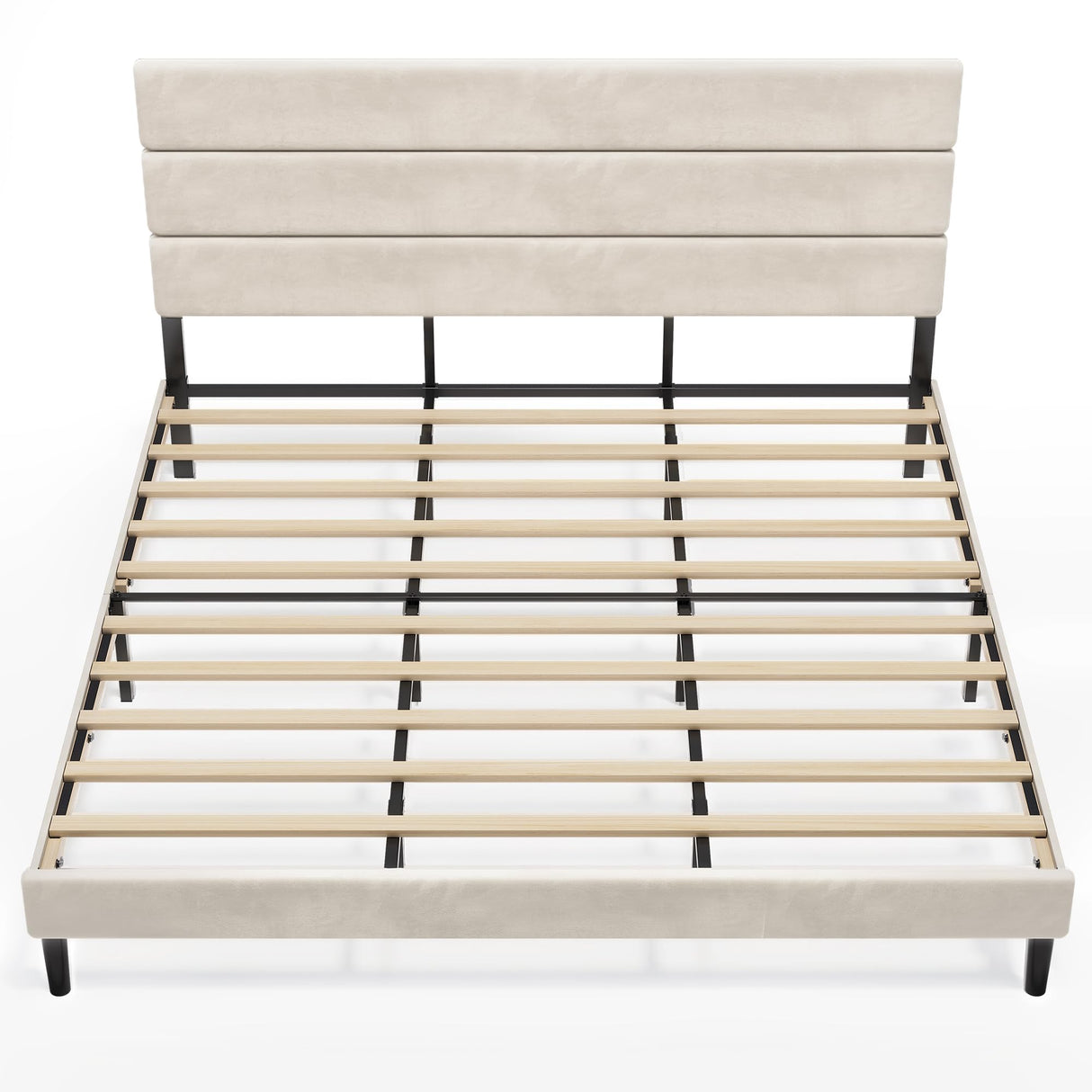 WLIVE King Size Upholstered Bed Frame, Velvet Square Tufted Headboard, Sturdy Metal & Wooden Slats Support, No Box Spring Needed, Beige WLIVE