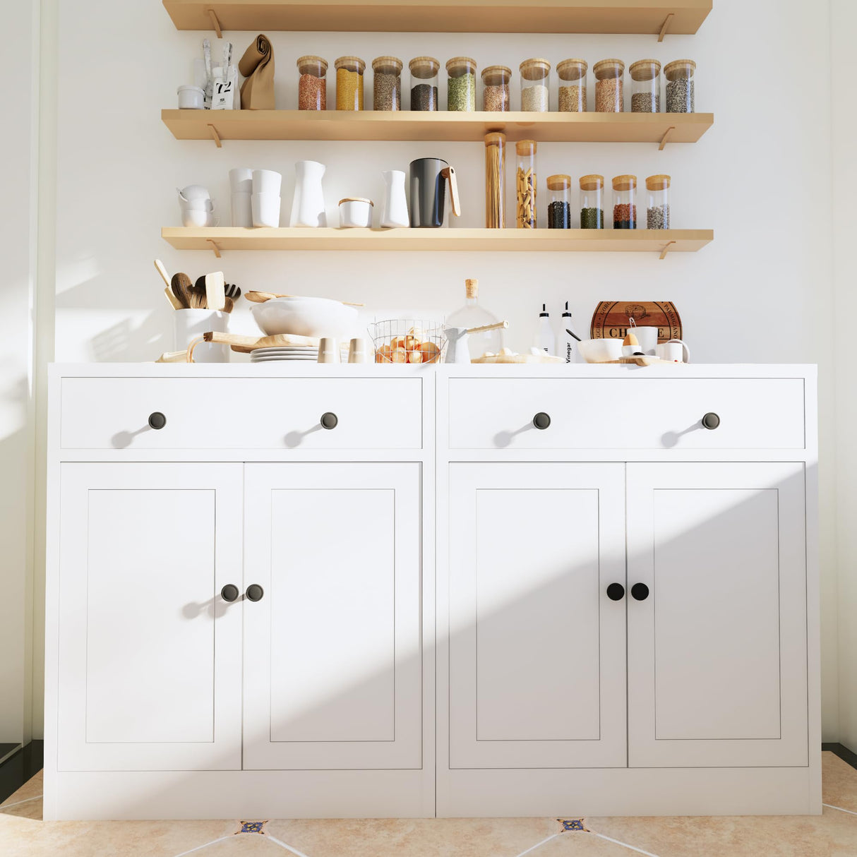 CJF Buffet Storage Cabinet, Storage Cabinet with Drawer & Adjustable Shelf, Metal Sideboard Kitchen Storage Cabinet for Coffee Bar, Bathroom, Living Room, Entryway, Home Office, Natural, Pantry CJF