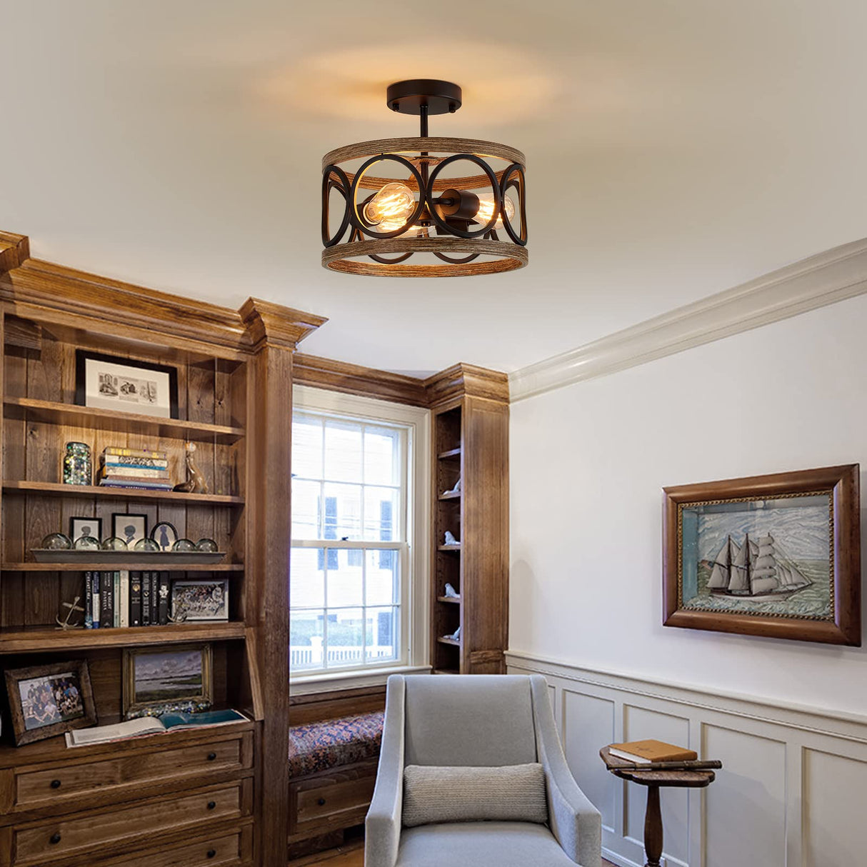 MEIXISUE Semi Flush Mount Modern Farmhouse Ceiling Light Fixtures,3-Lights Black and Retro Wood Finish,Drum Shade Rustic Light Fixtures for Entryway Hallway Foyer Kitchen Dining Room Bedroom MEIXISUE