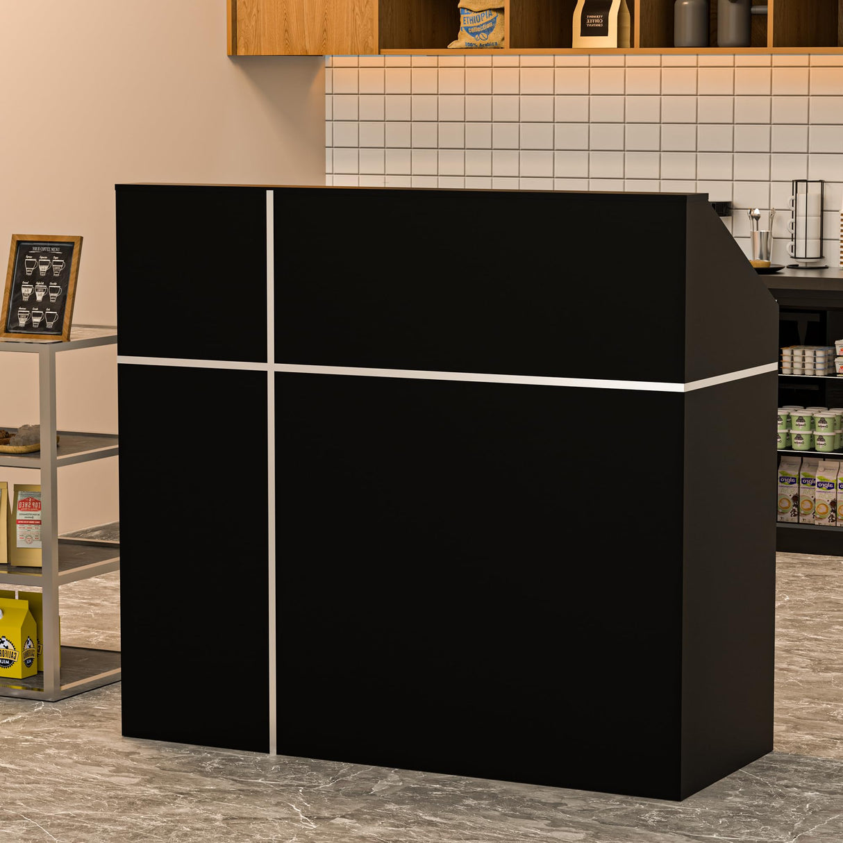 AHB Reception Desk with Counter, Modern Front Table Equipped Lockers & Storage Shelves, 48-inch Checkout Counter with DIY Stripe for Lobbies, Salons, Retail, Home Offices, Reception Room AHB