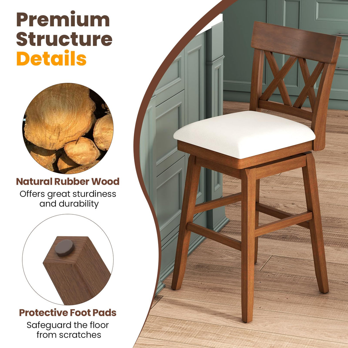 Giantex 31" Bar Stool, Swivel Bar Height Bar Chair with Contoured Backrest, Padded Seat & Rubber Wood Legs, Farmhouse Wooden Barstool for Kitchen Island, Restaurant & Pub Giantex