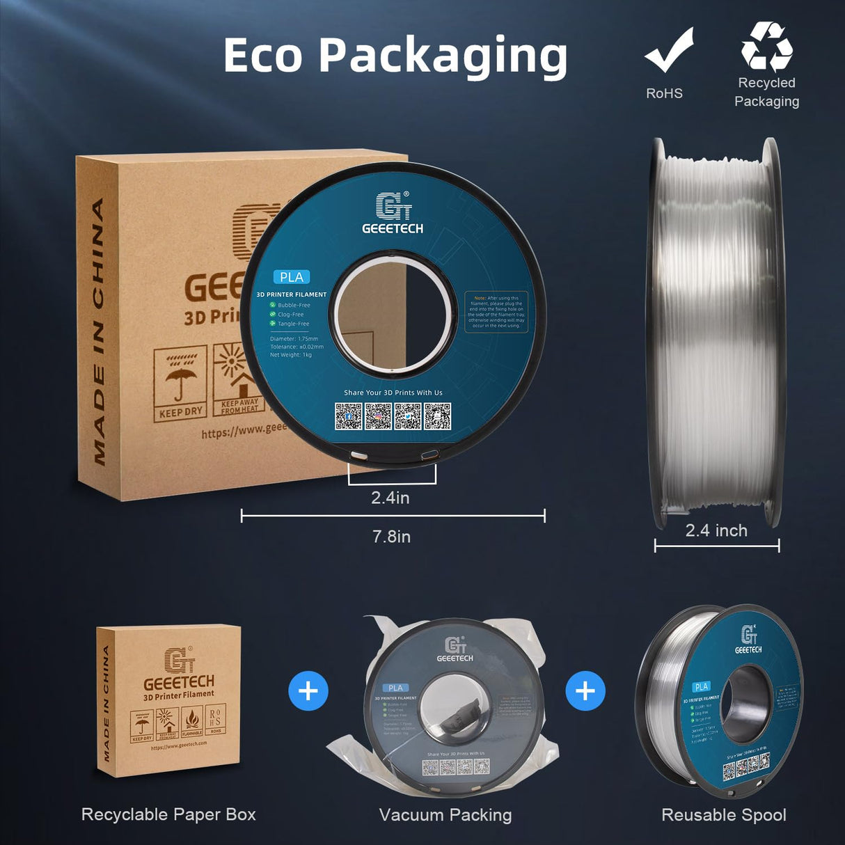 Geeetech Clear PLA Filament 1.75mm, Excellent Transparency, Neatly Wound 3D Printer Filament 1kg(2.2lbs), Dimensional Accuracy +/- 0.02 mm, Fit Most FDM 3D Printers Geeetech