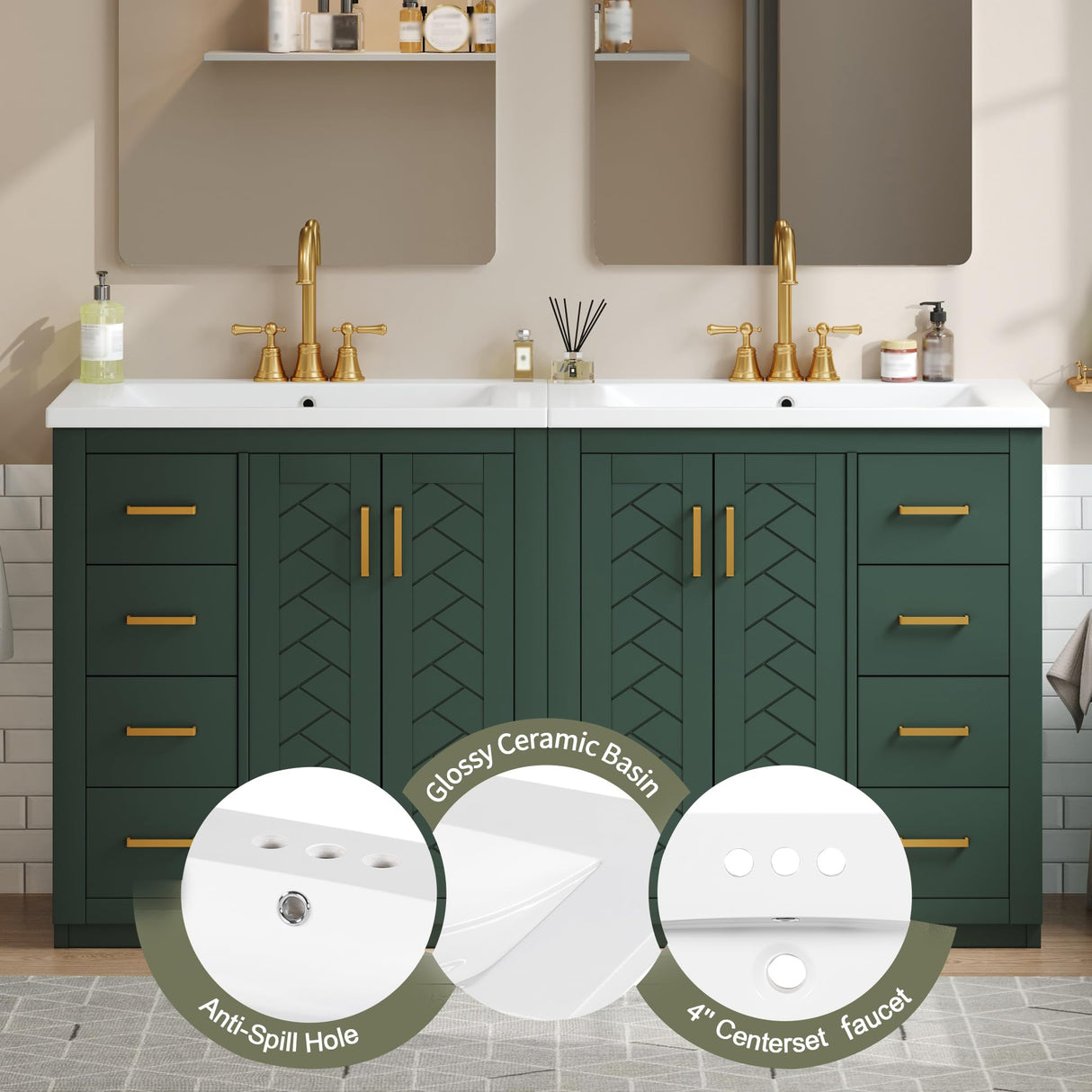 Merax 60" Bathroom Double Vanity with Sink Combo,Freestanding Solid Wood Bathroom Storage Cabinet,Single Sink Bathroom Vanity Set Combo,Green Merax