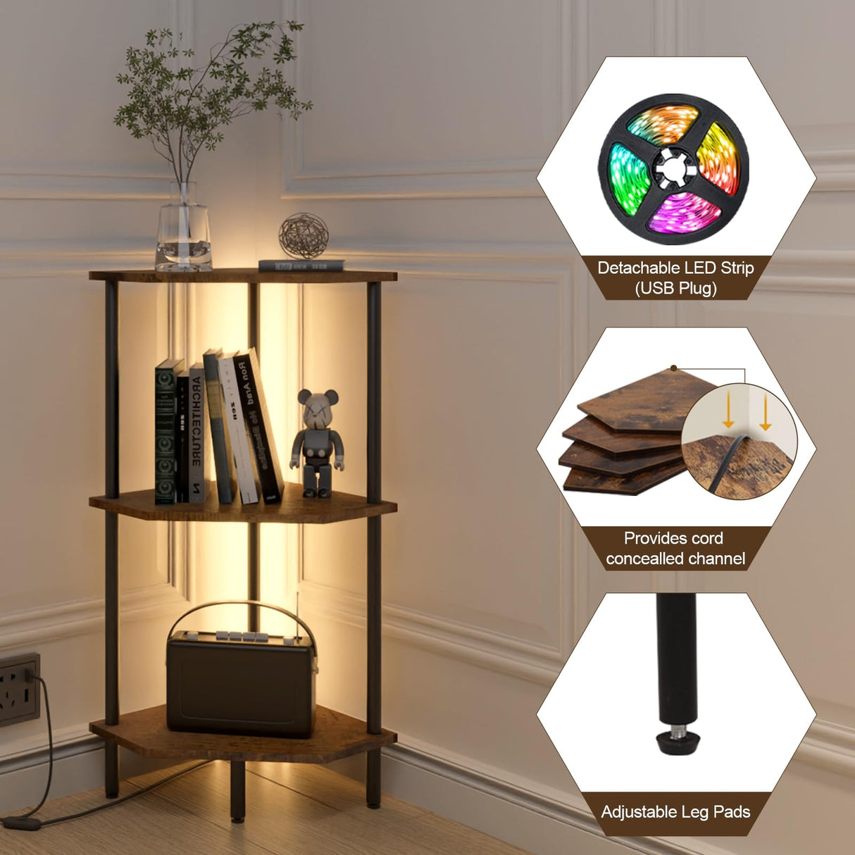 QLSPTFTS 3 Tier Corner Shelf with LED Light,Bookcase for Small Spaces,Display Shelf,Narrow Bookshelf,Plant Stand,Rustic Brown and Black,Suitable for Bedroom,Living Room,Kitchen QLSPTFTS