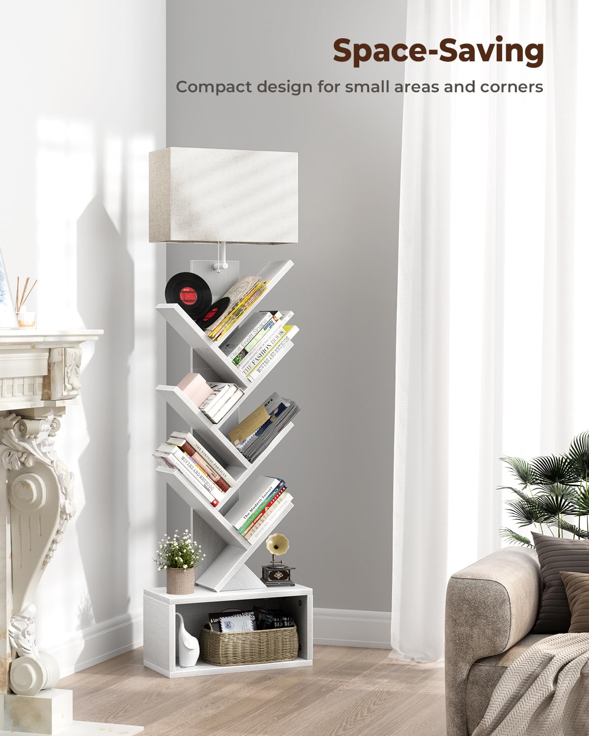 Evermagin 6 Tier Tree Bookshelf with Light, Narrow Bookcase Tower, Tall Floor Standing Book Shelf Organizer with Storage Cabinet for Living Room, Bedroom and Home Office, White Evermagin