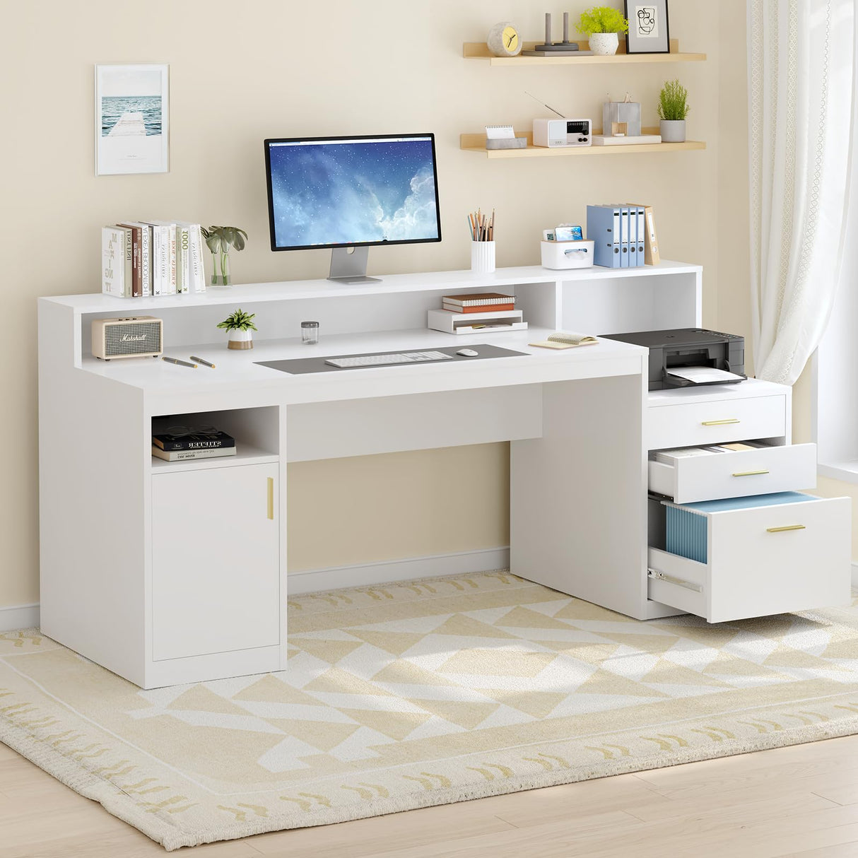 YOMILUVE Computer Desk with 3 Drawer & Storage Shelves, Home Office Desk with File Drawer & Cabinet, Writing Study Table with Long Monitor Stand & Printer Shelf, Executive Desk, White YOMILUVE