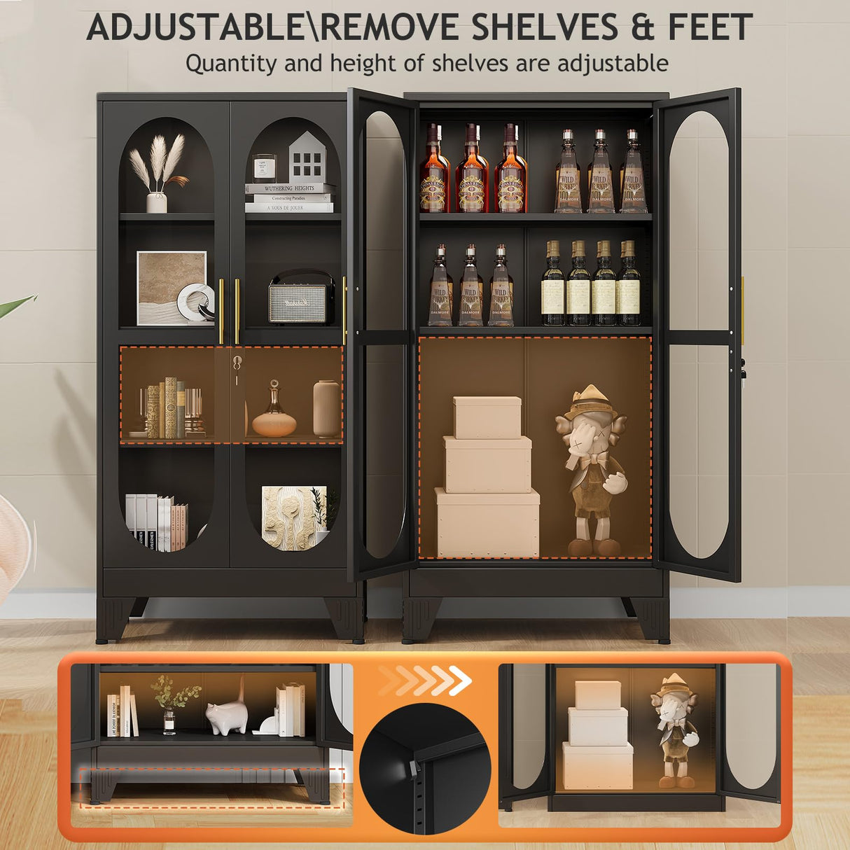 GAIOUS 61" Tall Metal Curio Cabinet, Display Cabinet with Glass Door, 4 Tier Liquor Cabinet with 3 Adjustable Shelves, Locking Glass Display Case for Collectibles, Showcase Storage Cabinets, Black GAIOUS