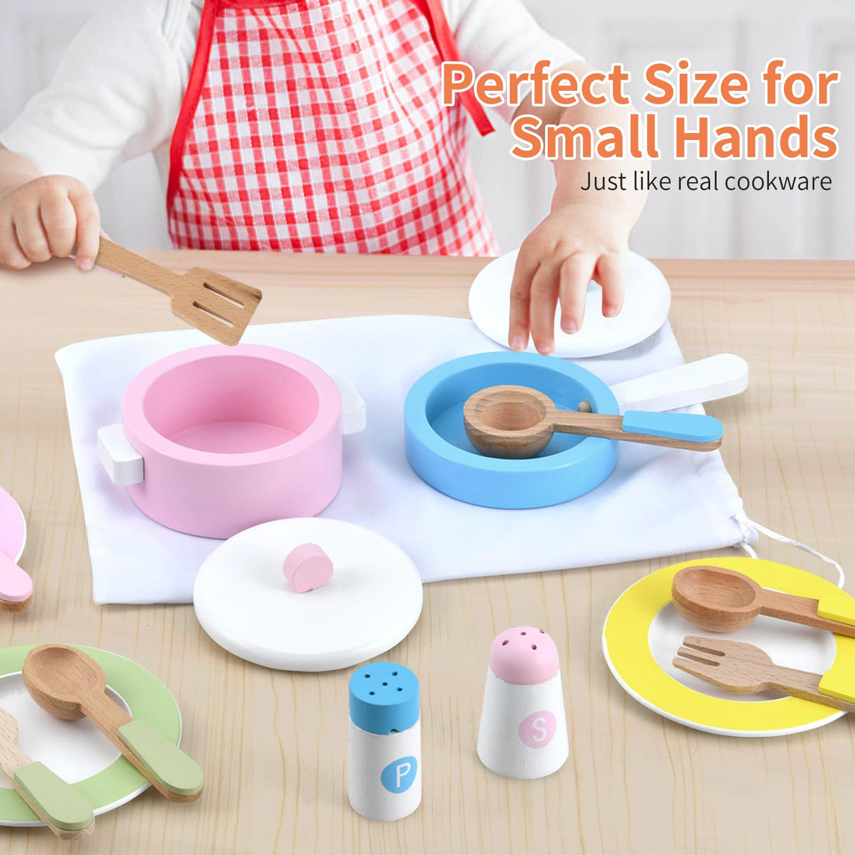 WHOHOLL Wooden Toy Kitchen & Play Dishes Set, Montessori Kitchen Toys for Girls and Boys, Pretend Play Kitchen Accessories Toddler Cooking Toys for Kids Ages 1-5 - Christmas Birthday Gift Sets WHOHOLL