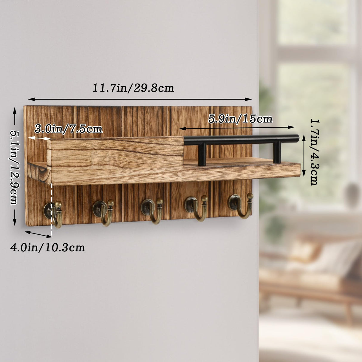 CypherX Key Holder Wall Mount, Decorative Key and Mail Holder for Wall w/Shelf, Farmhouse Wood Keys Organizer for Entryway Hallway Doorway- Home Wall Key Rack CypherX