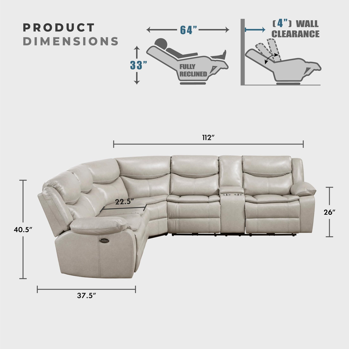 Lexicon L-Shaped Power Reclining Sectional Couch, Faux Leather Reclining Sectional Sofa, 3 Recliners, Wall Hugger, Right Storage Console, Cup Holders, Receptacles, Charging Ports, Silver Gray Lexicon