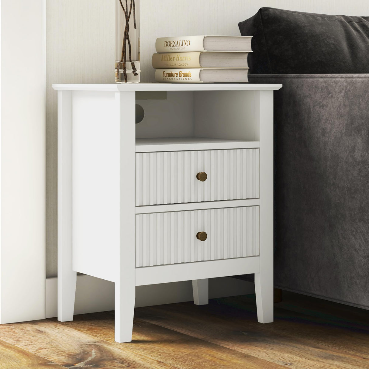 RoyalCraft White Nightstand with Charging Station, White Sofa Table with 2 Storage Drawers Cabinet, Tall End Table with Wooden Fluted-Design for Bedroom,Living Room, White RoyalCraft