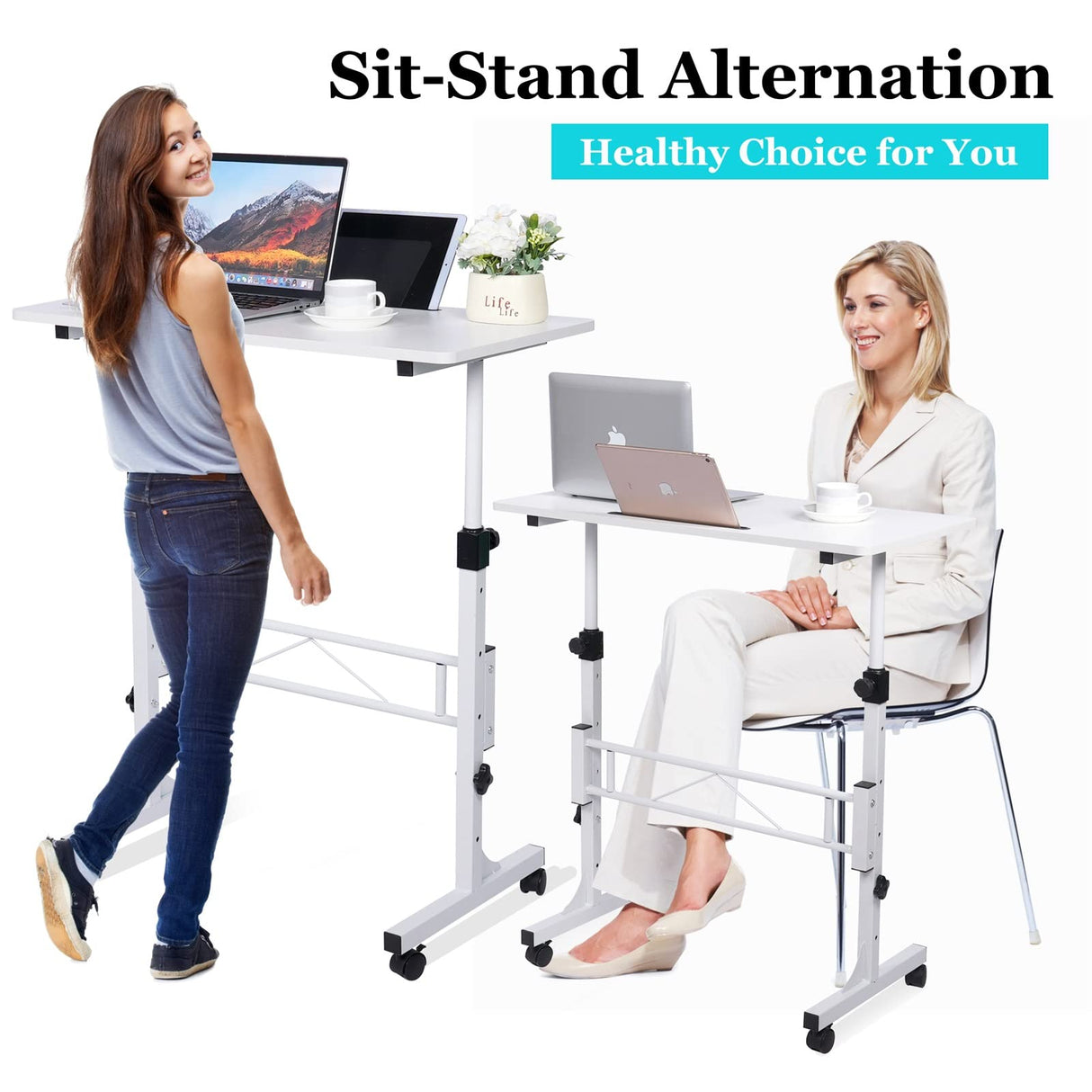KLSMYHOKI Standing Desk Adjustable Height, Mobile Stand Up Desk with Wheels Small Computer Desk Rolling Desk, Portable Laptop Desk White Standing Table Home Office Desks 16"x31.5" Height 27"-43.5" KLSMYHOKI