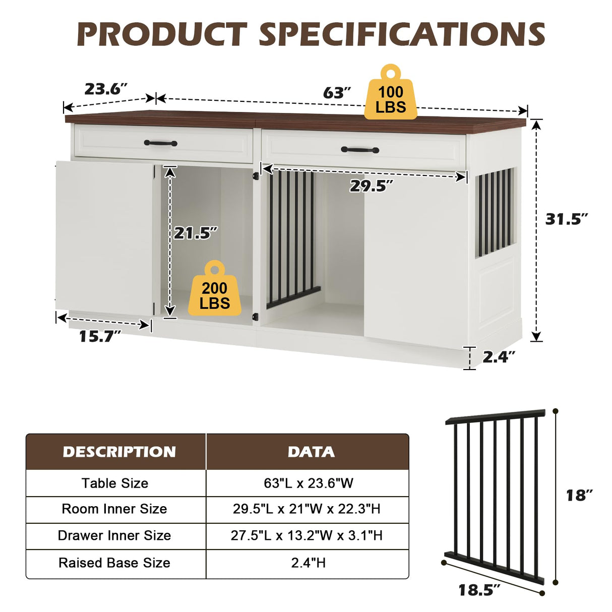 Large Dog Crate Furniture - Wooden Indoor Dog Kennel Furniture for 2 Dogs with 2 Drawers and Removable Divider, Heavy Duty Dog Crate Table, 63" L x 23.6" W x 31.5" H, White Faceket