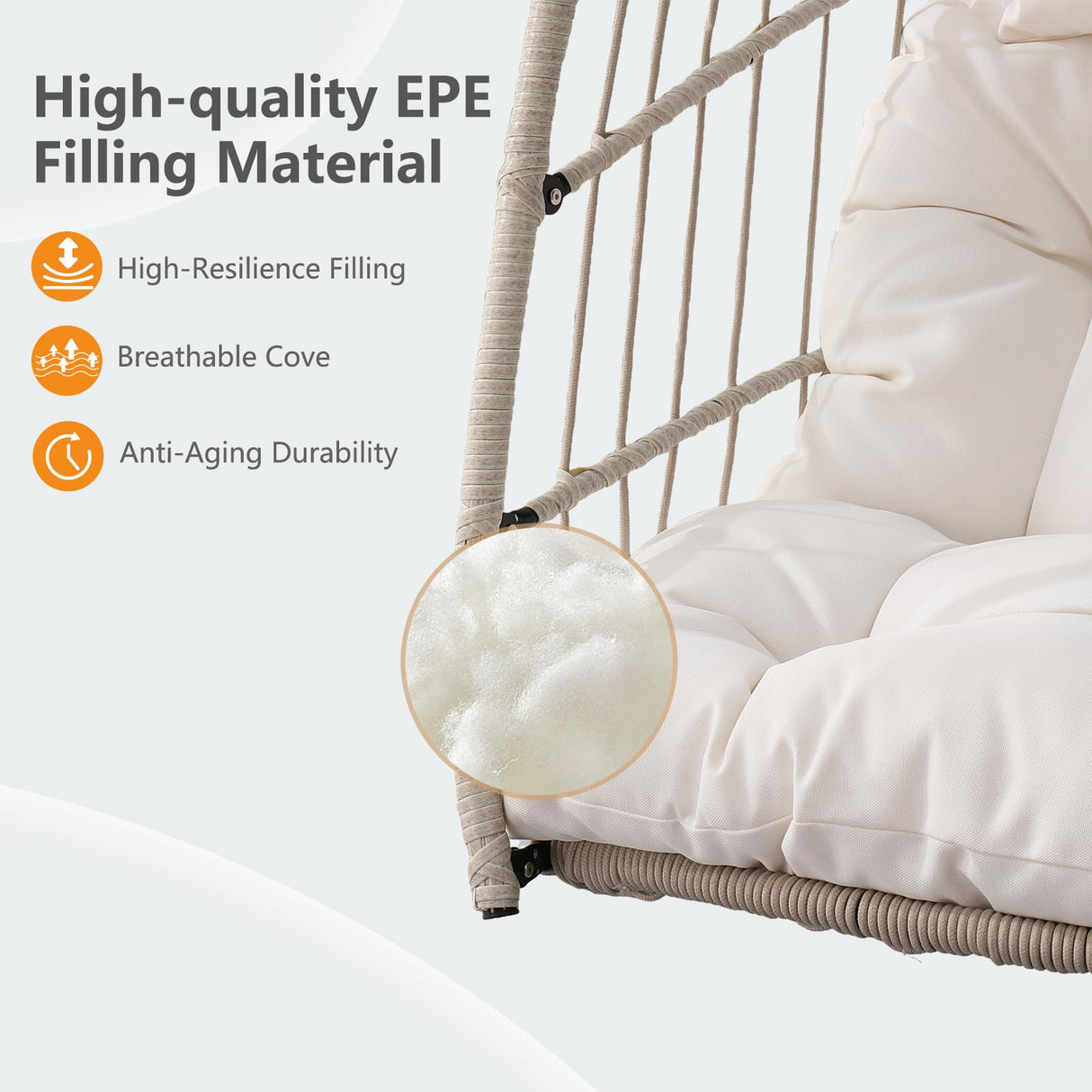 Hanging Egg Chair Without Stand, HDPE Rattan Foldable Swing Chair with Aluminum Frame & UV Resistant Cushion, Hammock Egg Basket for Indoor Outdoor Bedroom Garden, 350Lbs Capacity (Cream White) DAIJIA CHINA