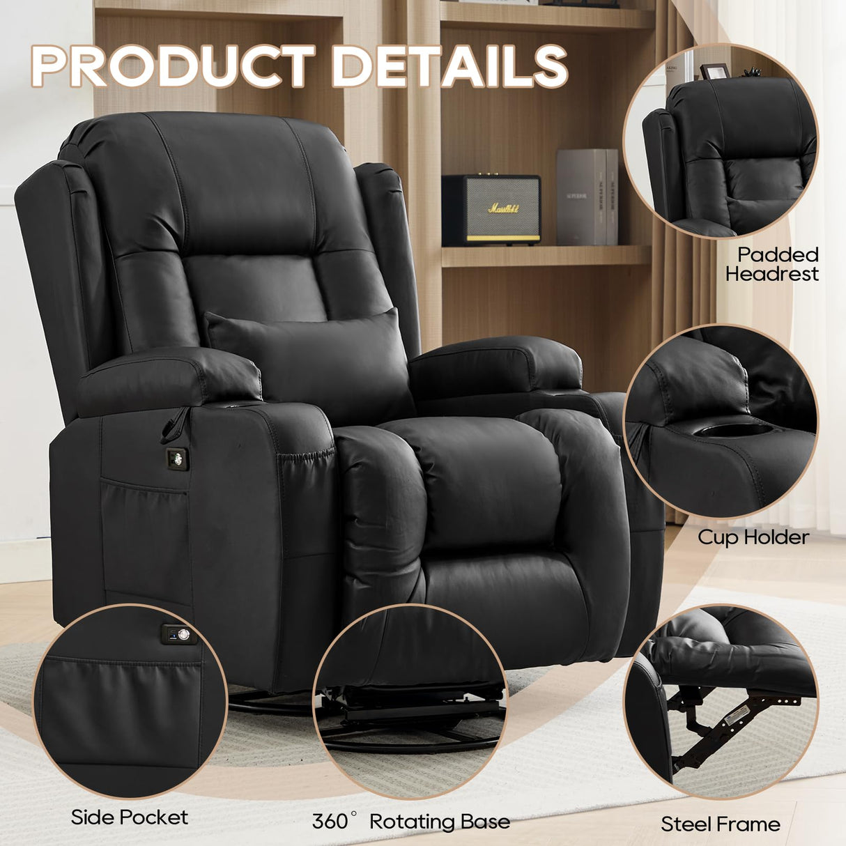IPKIG Manual Swivel Rocker Recliner Chair with LED Lights, Side Pocket, Cup Holder, Dual-Use Pillow, Faux Leather Glider Rcking Chair Nursery for Living Room, Bedroom, Office, Black IPKIG