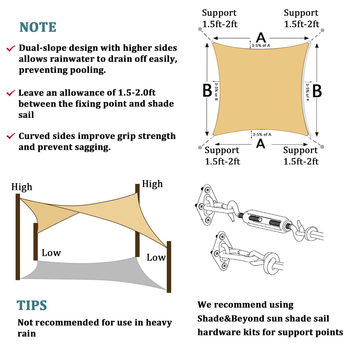 Shade&Beyond 10'x10' Sun Shade Sails Curved Canopy Square Sand 185GSM Shade Sail Permeable for Patio Deck Yard Backyard, (We Make Custom Size) Shade&Beyond