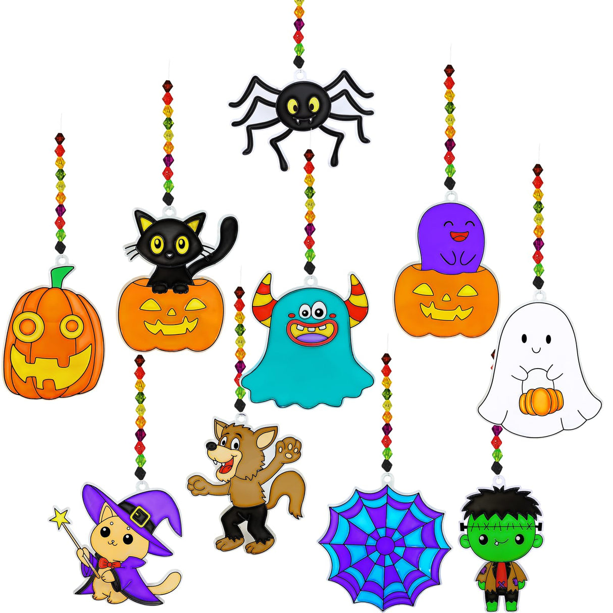 Winlyn 30 Sets Halloween Suncatchers Ornaments Decorations DIY Window Paint Art Suncatchers Halloween Craft Kits Jack-O'-Lantern Ghost Spider Sun Catchers for Kids Classroom Activities Art Project Winlyn