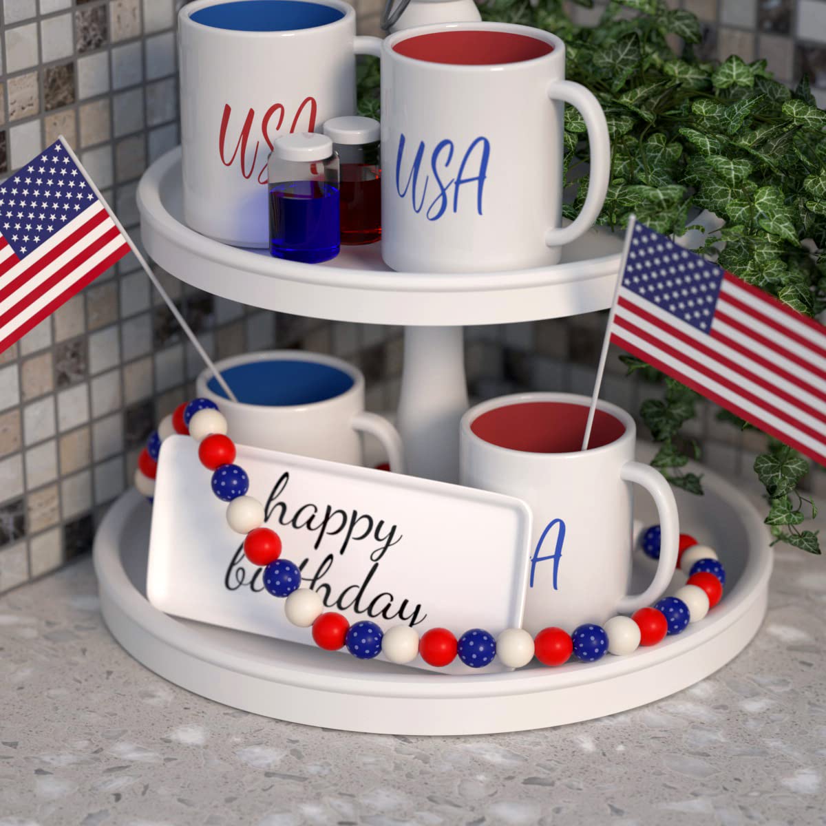 Patriotic Wood Bead Garland,YuanDe 2pcs 4th of July American Wooden Beads String Jute Rope Tassel,Farmhouse Rustic Hanging Bead Garland for Memorial Independence Day Vase Tiered Tray Wall Decor Gift YuanDe