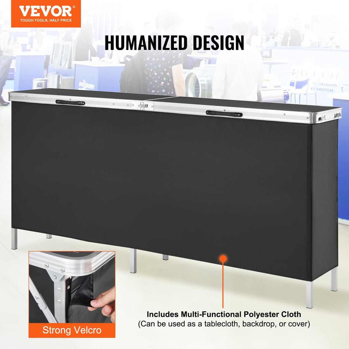 VEVOR Extra Long Folding Portable Bar Tradeshow Podium Table for Indoor, Outdoor, Party, Picnic, Exhibition, Includes Carrying Case, Storage Shelf and Black Skirt, 77.95" x 15.16" x 34.65" VEVOR