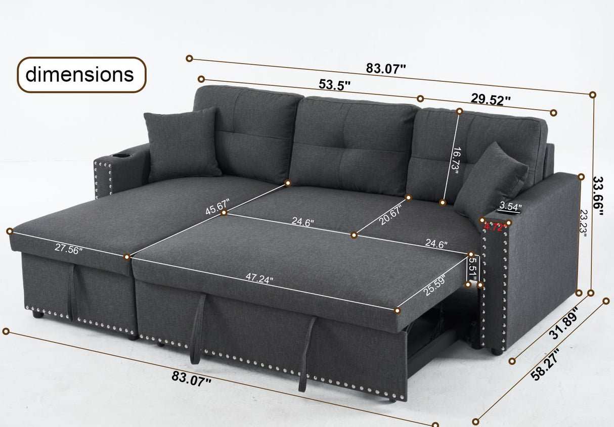 Generic Sleeper Sofa Bed Couch 3 Seater Modular Sectional Sofa Sleeper Pull Out Couch for Livnig Room Modern L Shaped Sleeper Sectional with Storage & Cup Holders, Dark Grey, F4777LIST WoodArtSupply