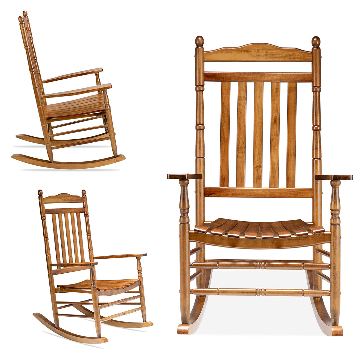 VINGLI 2 PCS Wood Rocking Chair Outdoor with 450 lbs Support Relaxing Rocker Solid Wood High Back Seat Reclining Seat for Deck, Garden, Backyard, Porch, Indoor or Outdoor Use, Teak VINGLI