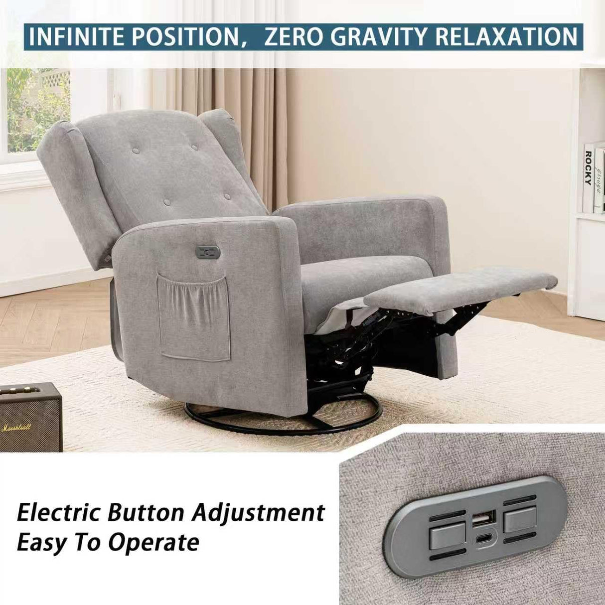 Ketaiyou Power Swivel Rocking Recliner Chair, High Back Electric Rocker Nursery Glider Chair, USB and Type-C Ports, Upholstered Fabric Reclining Single Sofa Chair for Living Room (Grey) Ketaiyou