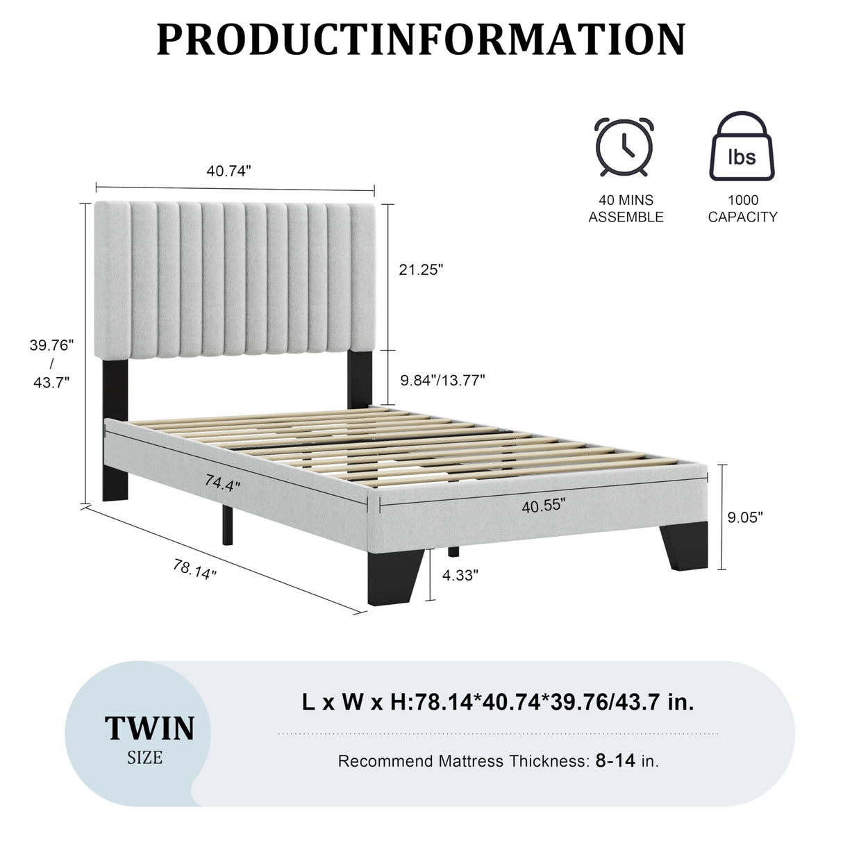 ZZBINUS Twin Size Bed Frame with Adjustable Tufted Headboard – Linen Upholstered Platform Bed, Sturdy Frame & Slats, No Box Spring Needed, Noise-Free, Easy Assembly (Gray, Twin) ZZBINUS