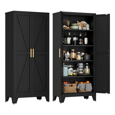 71" Tall Metal Storage Cabinet with 2 Doors and 4 Adjustable Shelves, 5-Tier Kitchen Pantry Storage Cabinet for Kitchen, Living Room, Dining Room and Office, Black