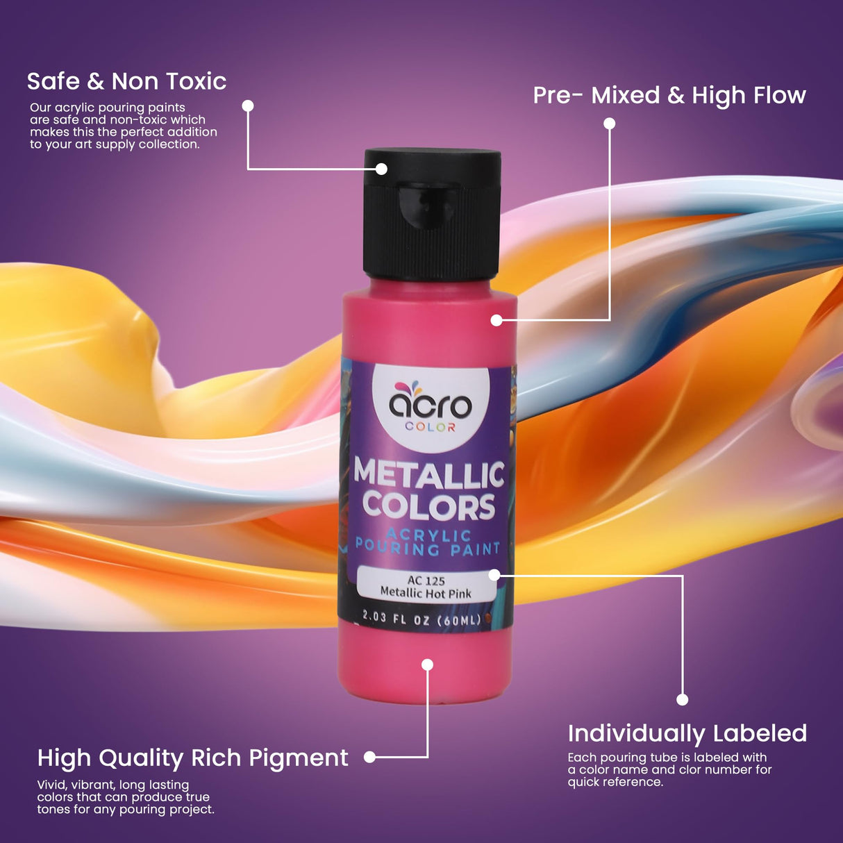 Acrylic Pouring Paint Set | 30 Vibrant Colors Including An Array Of Metallic, Neon & Pastel Paints | Pre Mixed, Ready to Use, High Flow Paint For Canvas, Paper, and More | 2 Ounces Per bottle Acro Color