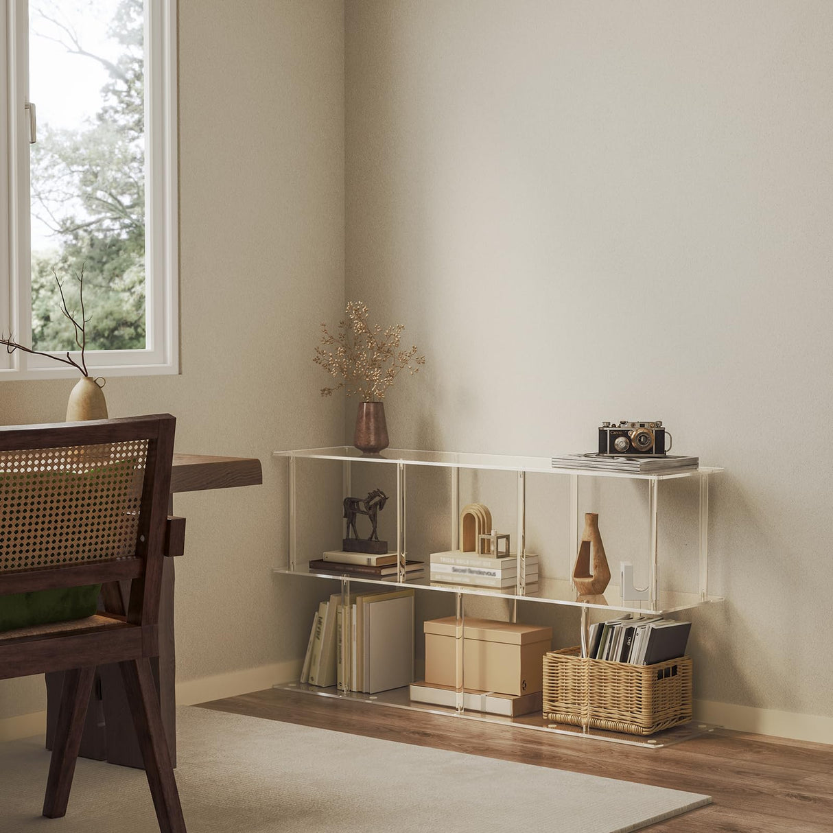 CRTERICX 3-Tier Acrylic Horizontal Bookshelf, Clear Long Bookcase, Modern Low Book Shelf with 5 Cube Storage for Living Room, Office, Bedroom, 11.8''D x 47.2''W x 24.6''H CRTERICX