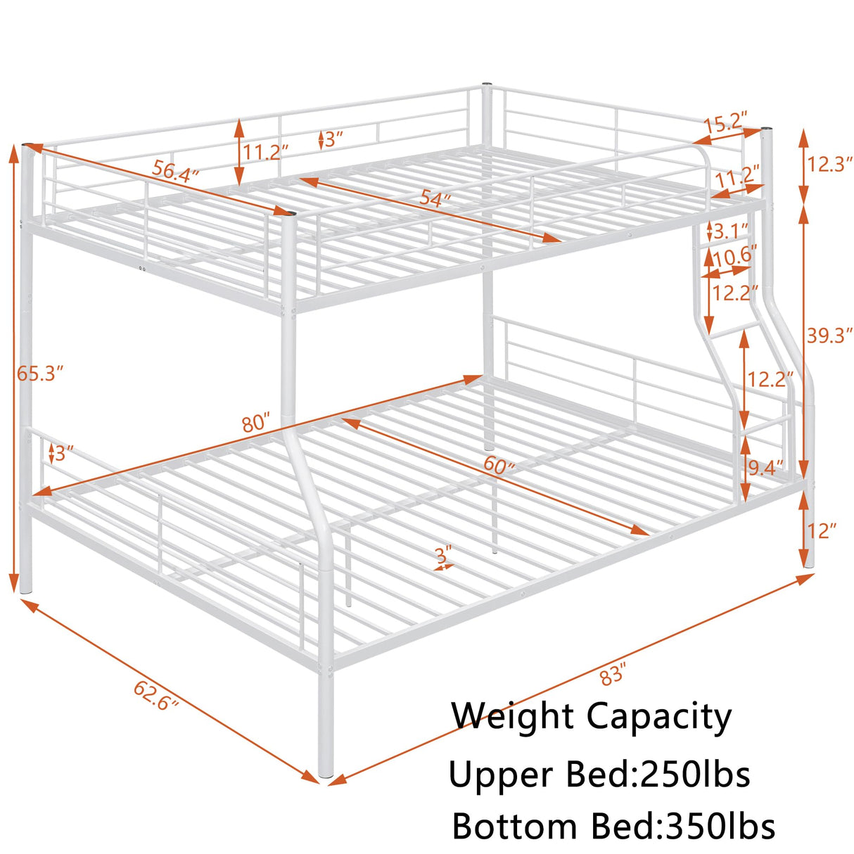 Full XL Over Queen Bunk Bed with Build in Ladder and Guardrail, Convertible Bunk Bed, Heavy Duty Metal Bunk Bed Full XL Over Queen Size Bunk Bed, White Bunk Bed for Kids, Teens, Adults Bellemave