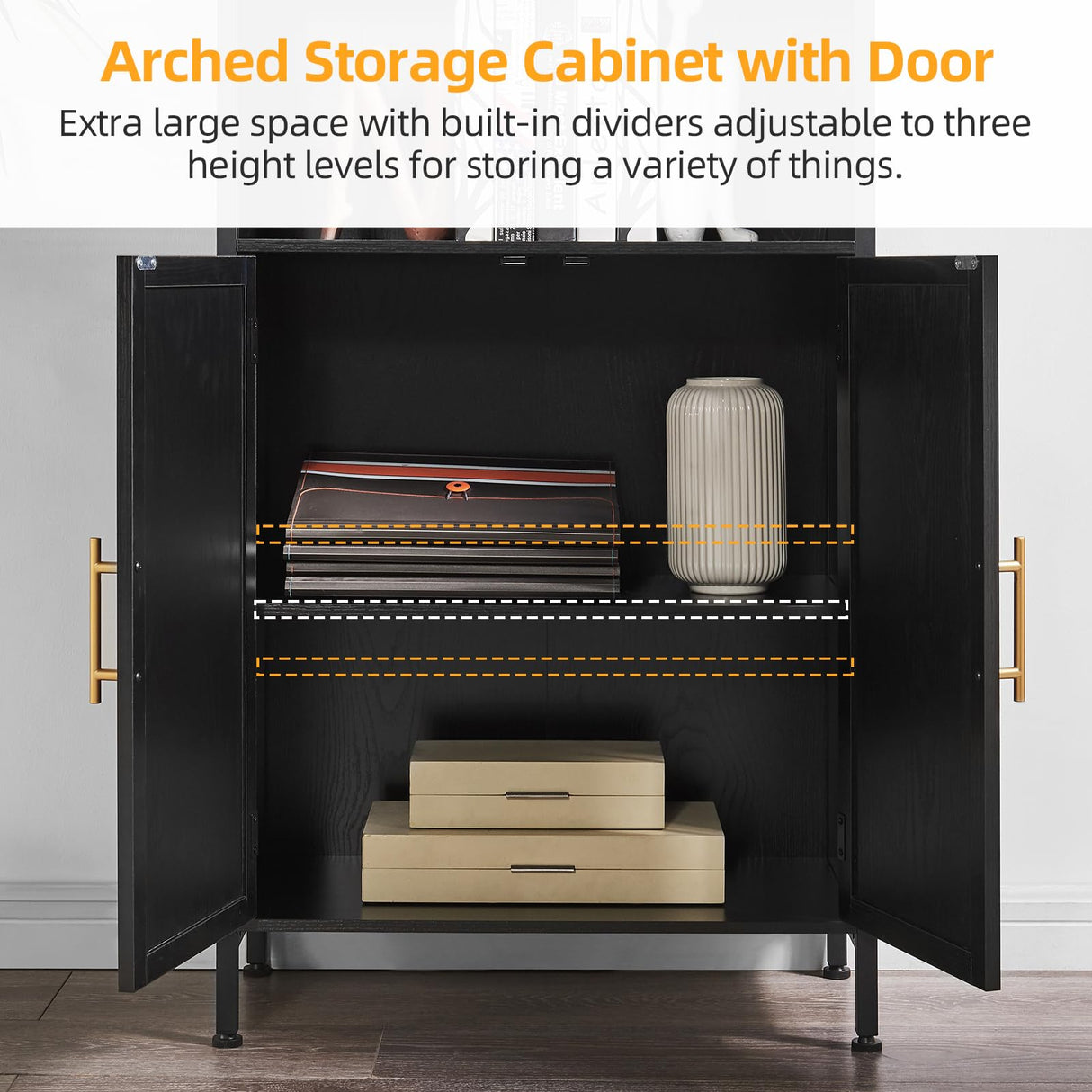 HUSHEDIFY Arched Bookcase Book Shelf with Doors, 5 Tier Tall Display Bookshelf Cabinet with Storage, Industrial Floor Standing Bookshelves Open bookcases for Home Office, Living Room(Black) HUSHEDIFY