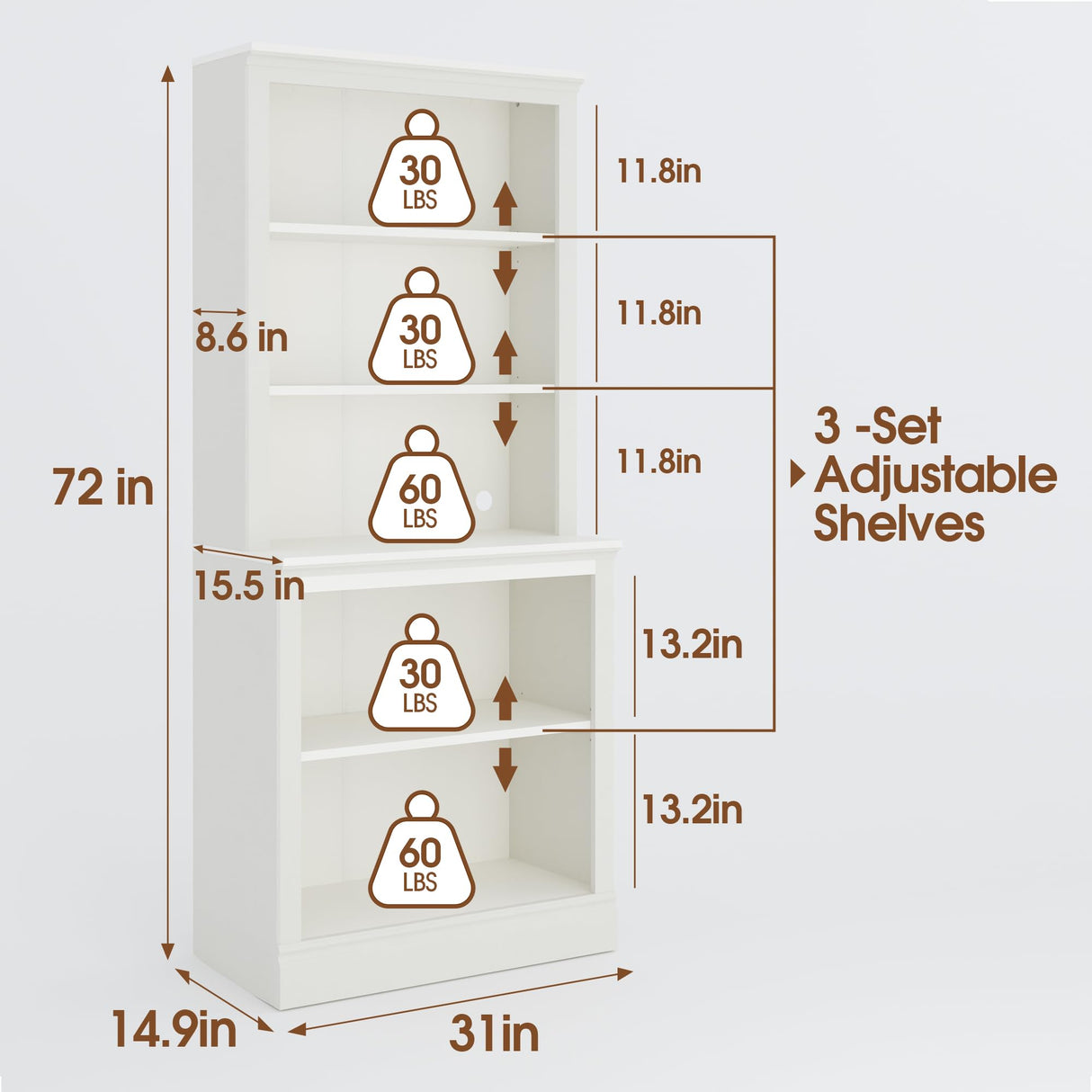 Bevfint 72" Tall Bookcase, White Large Floor Standing Bookshelf, 5 Tier Shelves Open Storage Organizer, Book Case for Living Room Hallway Kitchen Home Office Bedroom, White - 5 Tier Bevfint