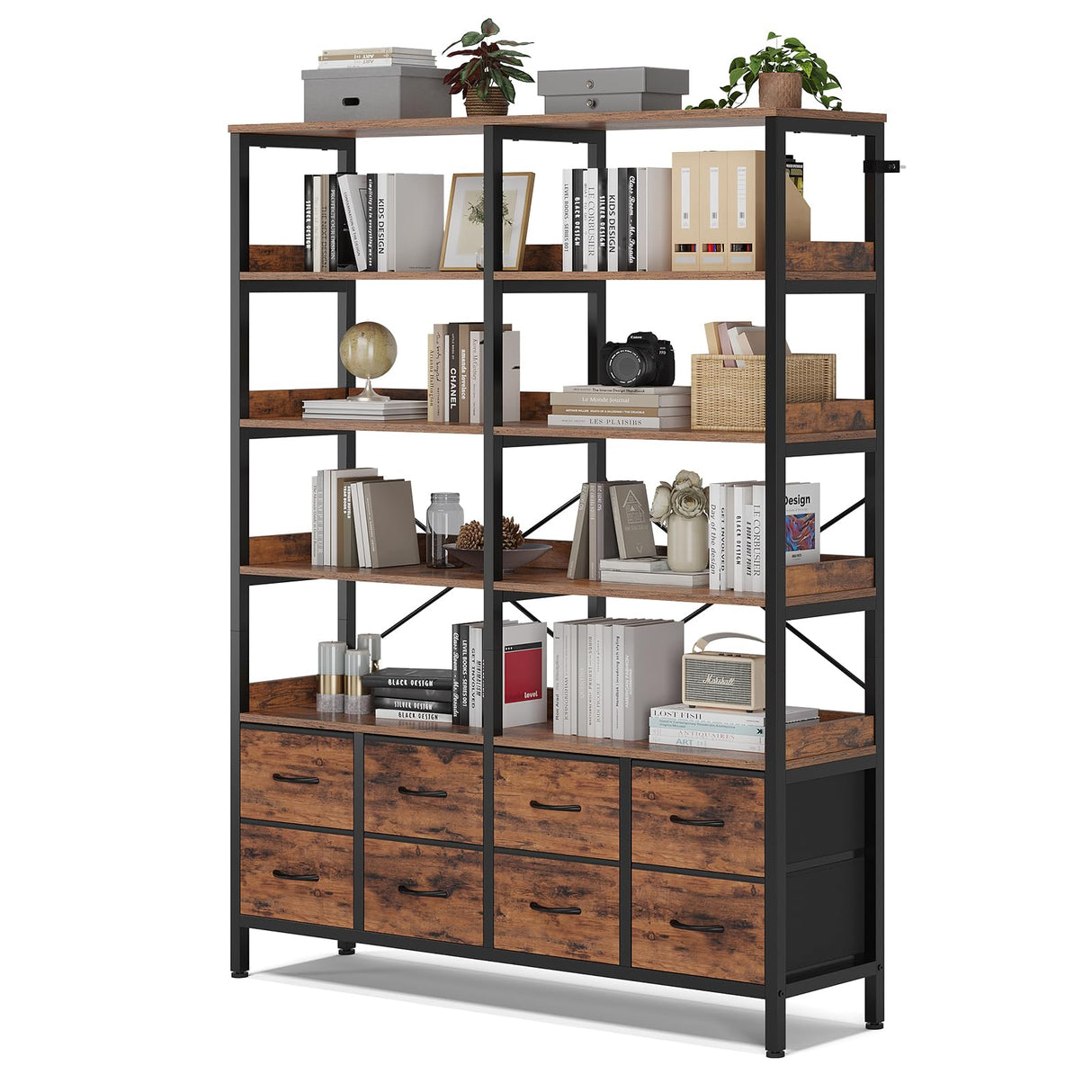 HAUOMS Bookshelf with 8 Fabric Drawers, 7-Tier Bookcase with Baffles Display Shelves, Industrial Large Book Shelf for Living Room Home Office, Rustic Brown HAUOMS