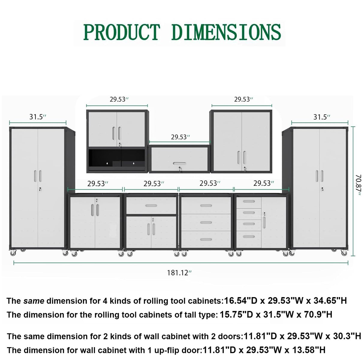 OPTYMIRA Metal Garage Cabinets and Storage System, 9-Pcs Workshop Tool Cabinet Set in Gray, Included 3 Pcs Wall Cabinets 6 Pcs Garage Tool Cabinets with Wheels,Assembly Required OPTYMIRA