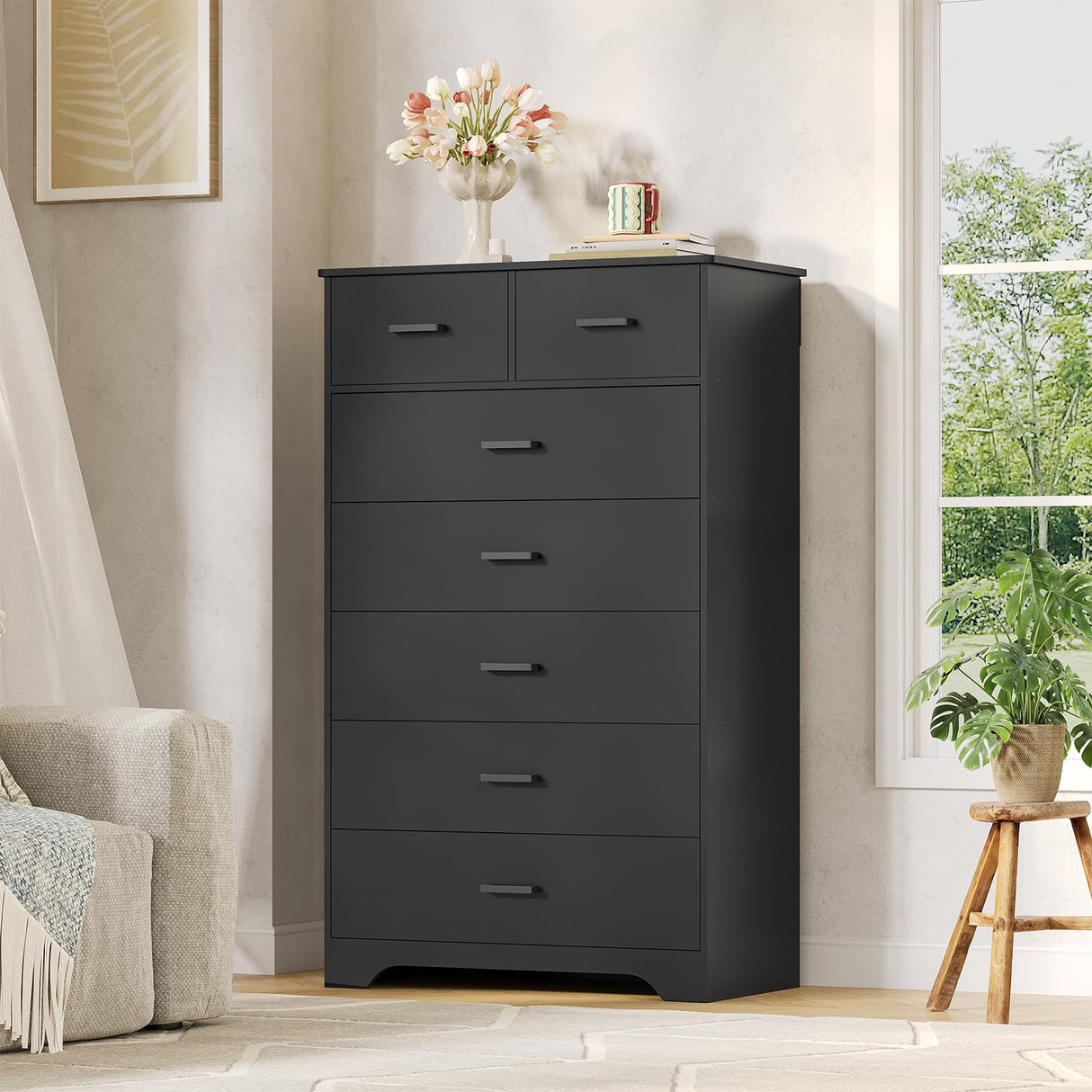 DICTAC Black Dresser for Bedroom with 7 Drawers, 55.7" Tall Dresser Chest of Drawers, Modern Large Wood Storage Dresser Organizer with Metal Handle, Vertical Dresser for Bedroom, Living Room, Nursery DICTAC