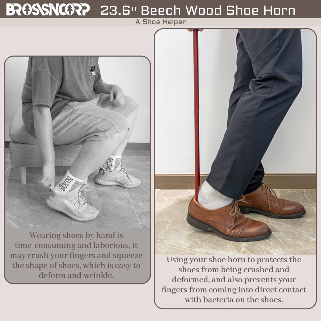 Brosisincorp 2 Pack Wooden Long-Handled Shoe Horns 23.6" with Hanging Rings - Perfect Shoe Assist for Seniors Elderly Women Kids Easy Wear Helper Brosisincorp