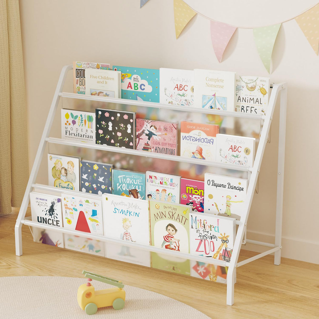 HAVEDAWN High-Transparent 4 Tier Kids Bookshelf, Sturdy Metal Large Size Book Rack Storage for Kids - Toddler Book Shelf Display for Nurasery, Kids Room, Deep Size Bookshelf Hold More Books HAVEDAWN