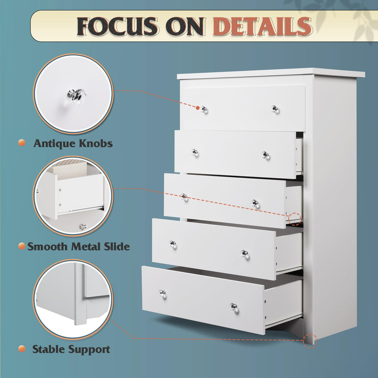 WLIVE White Wood Dresser with 5 Drawer, Cabinets Dressers Wood Dresser Cabinet, Organizer Drawers for Bedroom, Living, Hallway, Measuring 15.7" W*31.4" D*45.3" H WLIVE