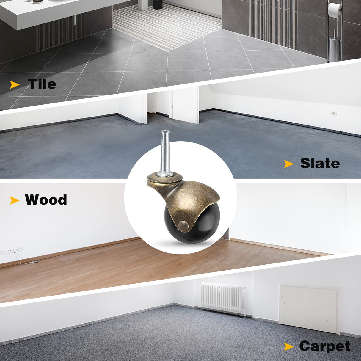 2" Ball Caster Wheels, casters Set of 4 Brass Vintage Antique casters 5/16" x 1 1/2" (8 x 38mm) Wheels Pole with Sleeve for Furniture, Chairs, Cabinets, (casters Set of 4 Heavy Duty) Apllamo