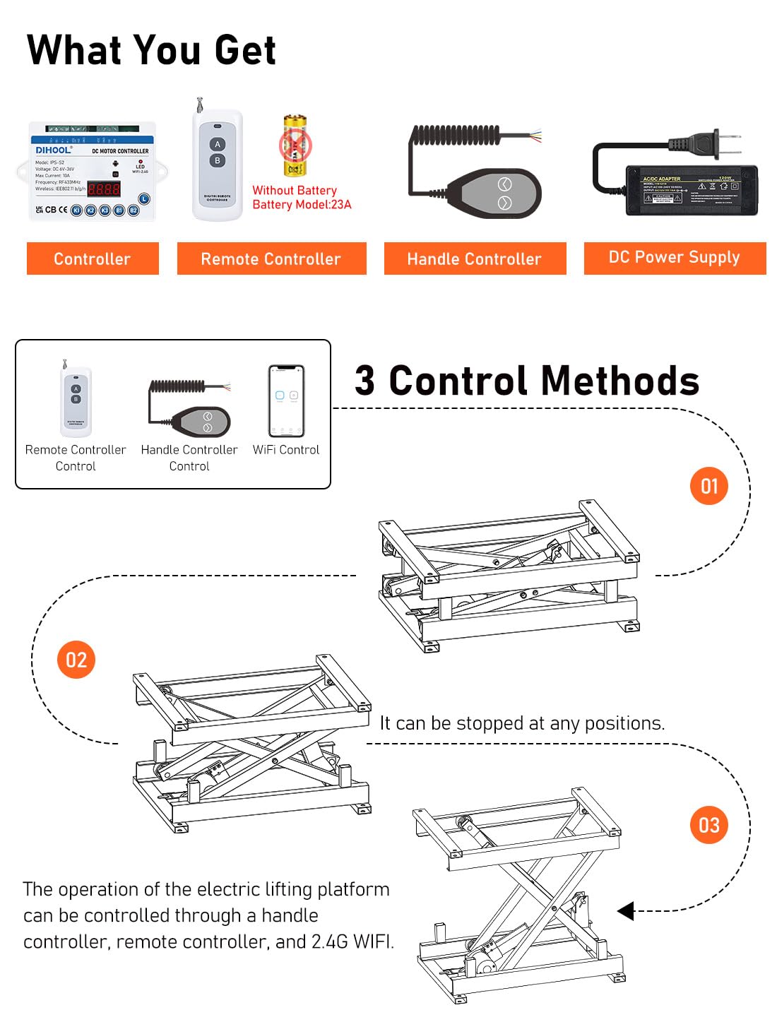DIHOOL Electric Scissor Lift Table 250LB Load, 210-580MM Height Adjustable Lifting Platform DIHOOL