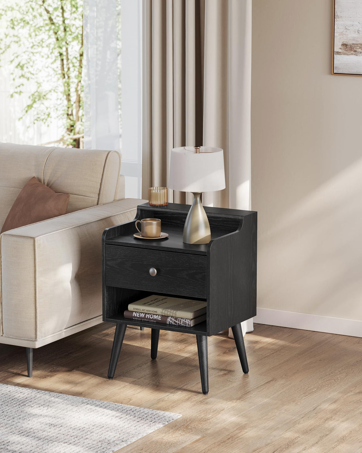 VASAGLE Nightstands, Set of 2, Bedside Tables with Hidden Drawers, Mid-Century End Tables, Ebony Black VASAGLE